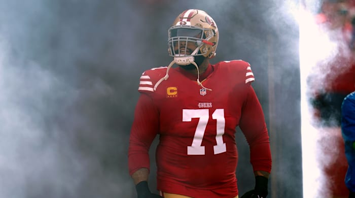 San Francisco 49ers offensive tackle Trent Williams exits the tunnel ahead of a game.